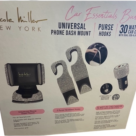 Bling Car mount_Charger_purse hooks_ Nicole Miller_ Bundle_car Accessory Set - Picture 4 of 4
